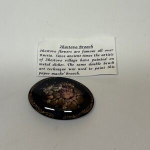 Vintage Zhostovo Russian Hand Painted Floral Paper Mache Lacquer Brooch Pin